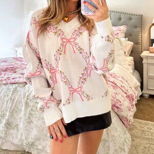 Pink Casual Women's Floral Bow Sweater Long Sleeve Warm Sweater
